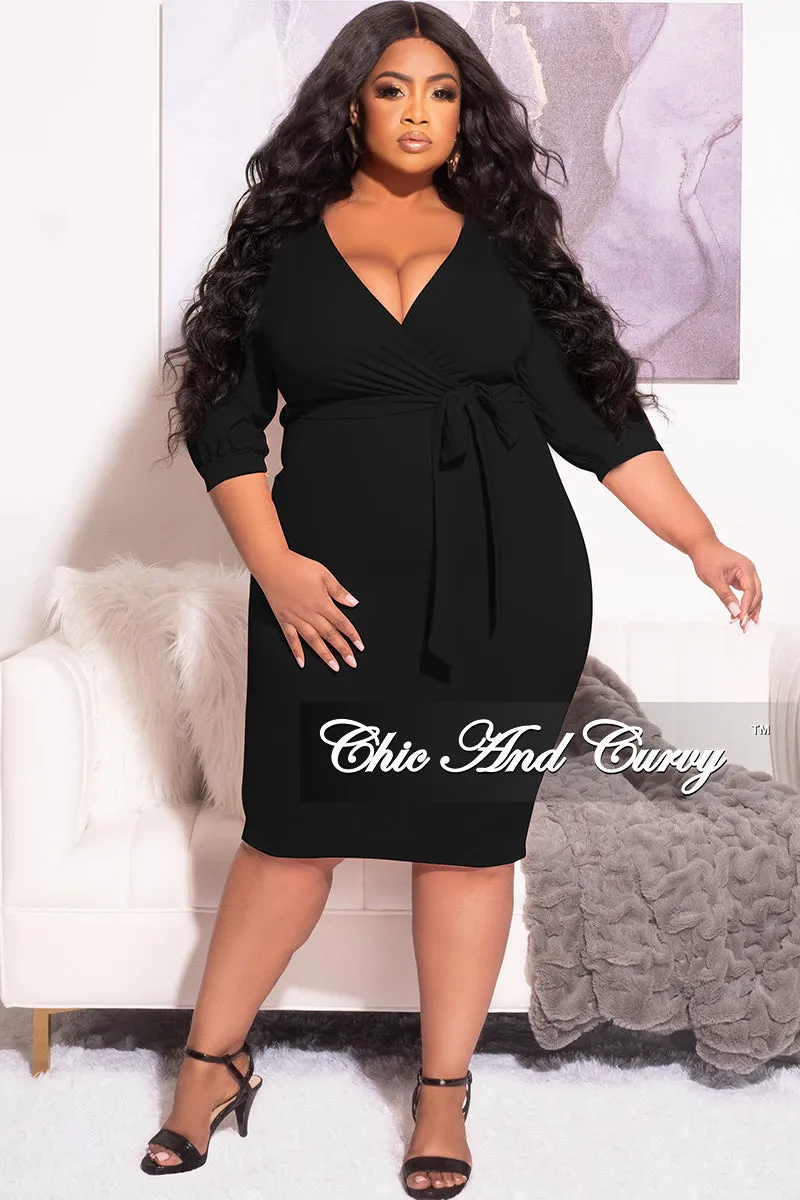 Eco Friendly Material Relax Fit Final Sale Plus Size Faux Wrap BodyCon Dress with Waist Tie in Black