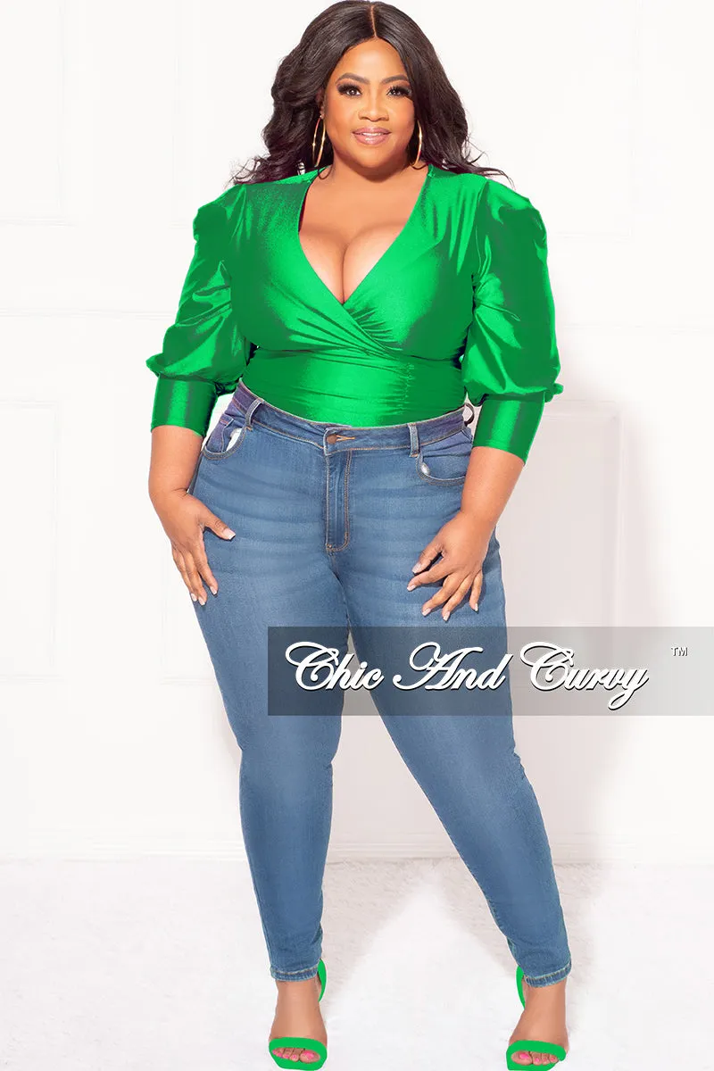 Final Sale Plus Size Faux Wrap Bodysuit with Ruched Sleeves in Green Relaxed Fit Anti Cling Finish