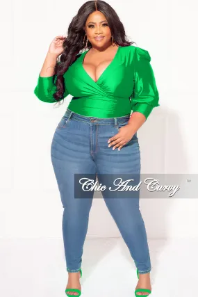 Final Sale Plus Size Faux Wrap Bodysuit with Ruched Sleeves in Green Neutral Style Basic Look