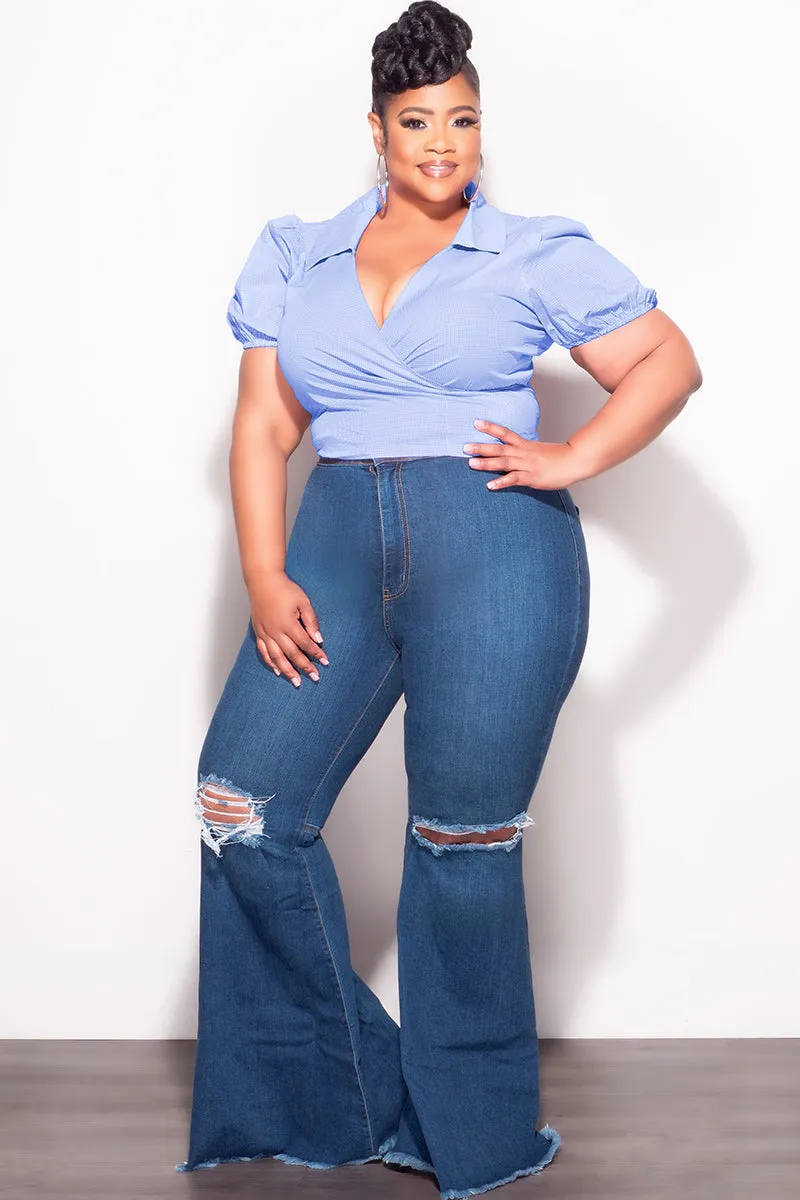 CompressionSupport Final Sale Plus Size Faux Wrap Crop Tie Top in Blue and White Gingham Checker Print