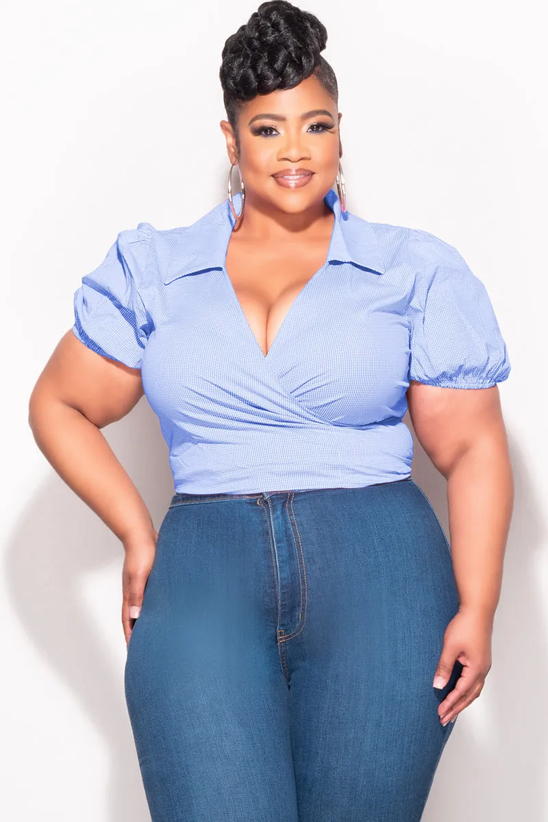 Final Sale Plus Size Faux Wrap Crop Tie Top in Blue and White Gingham Checker Print Odor control