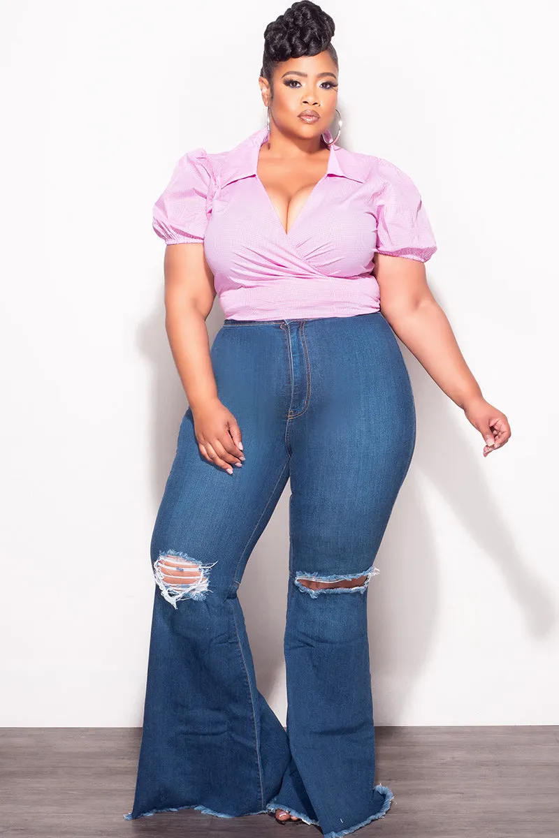 Smart Style Layer Ready Final Sale Plus Size Faux Wrap Crop Tie Top in Pink and White Gingham Checker Print