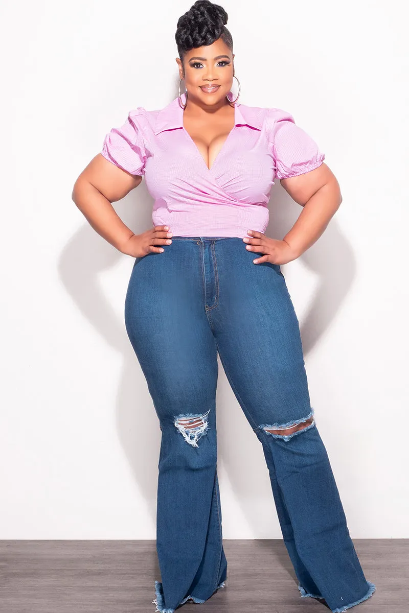 Soft and Stretchy Final Sale Plus Size Faux Wrap Crop Tie Top in Pink and White Gingham Checker Print