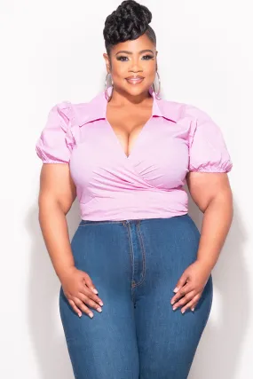 Body Sculpting Final Sale Plus Size Faux Wrap Crop Tie Top in Pink and White Gingham Checker Print