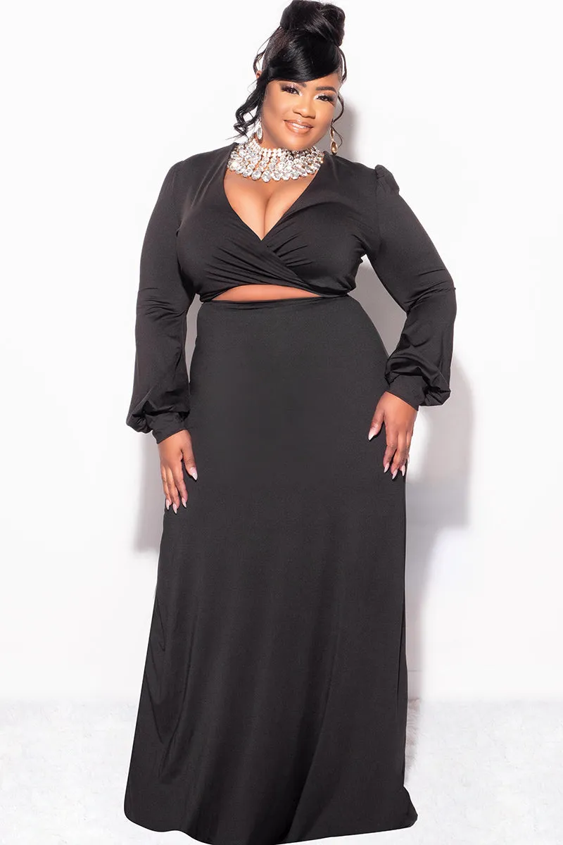 Breathable Stretch High Mobility Final Sale Plus Size Faux Wrap Cut Out Maxi Dress in Black