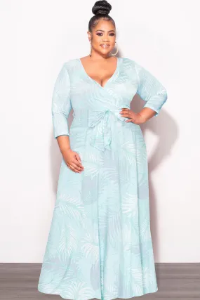 Final Sale Plus Size Faux Wrap Dress in Aqua Palm Print Breath Fit
