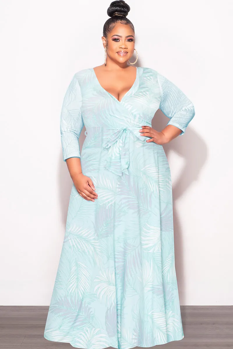 Final Sale Plus Size Faux Wrap Dress in Aqua Palm Print Breath Fit