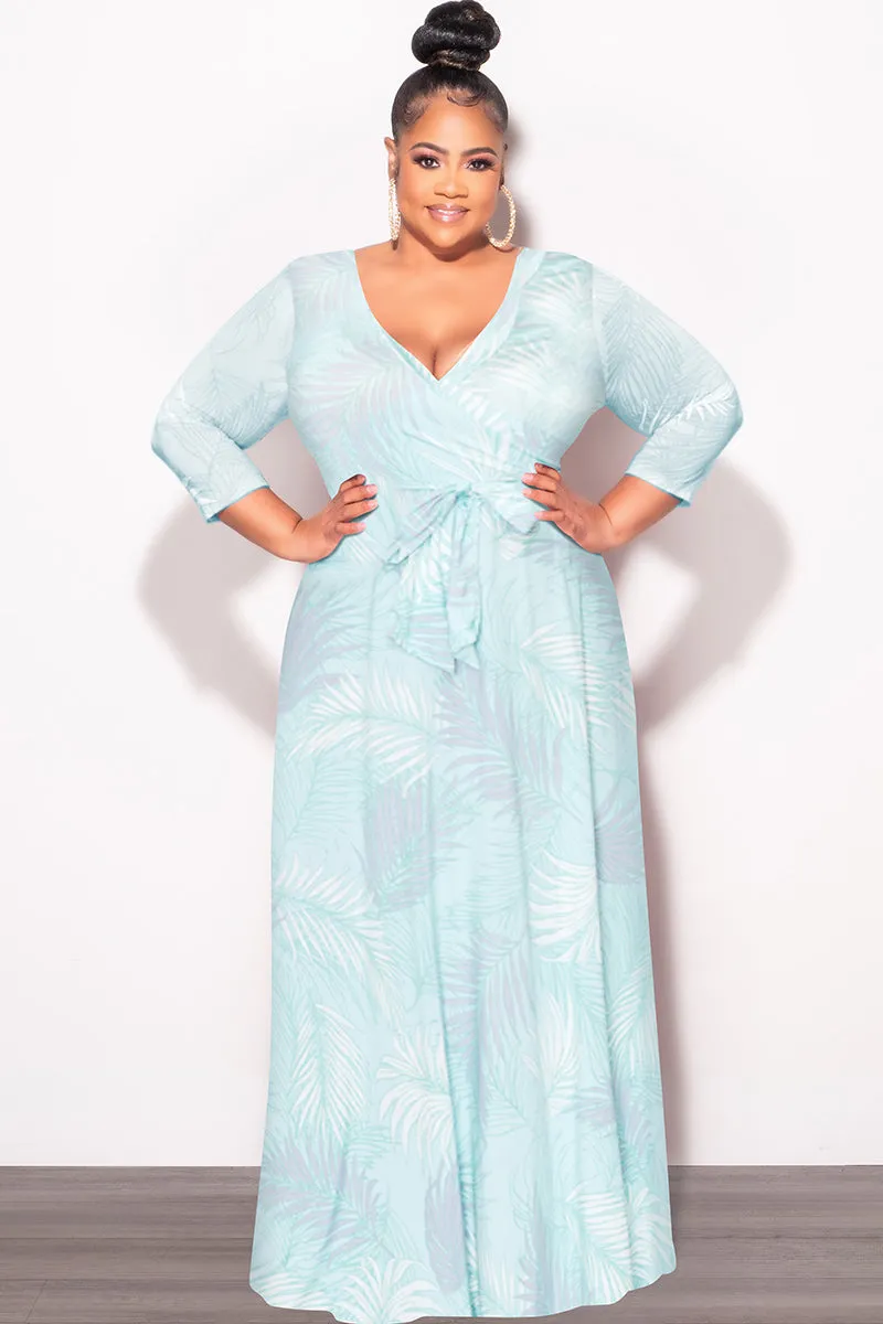 Final Sale Plus Size Faux Wrap Dress in Aqua Palm Print Bi Stretch Fabric Moisture Wicking Fabric