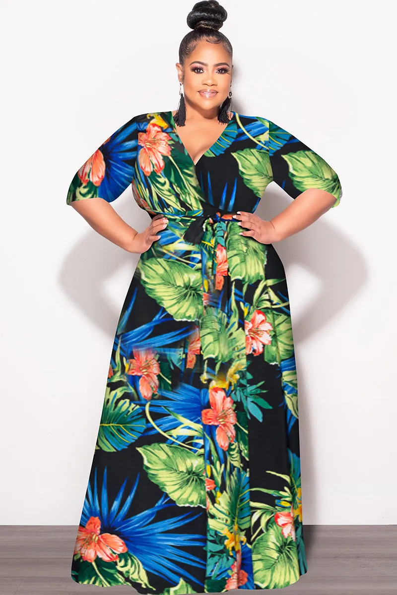 City Wear Functional Layers Final Sale Plus Size Faux Wrap Dress in Black Green and Royal Blue Floral Print
