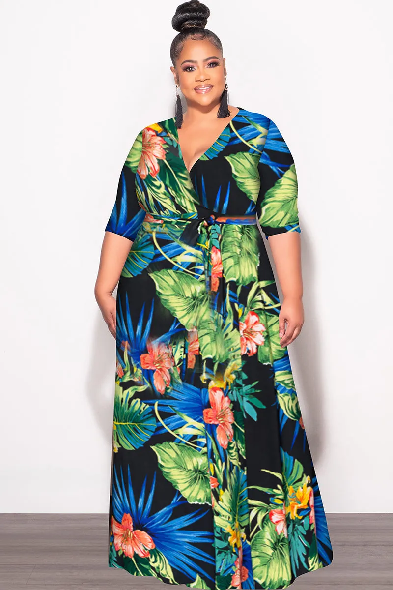 Final Sale Plus Size Faux Wrap Dress in Black Green and Royal Blue Floral Print Perfect Length