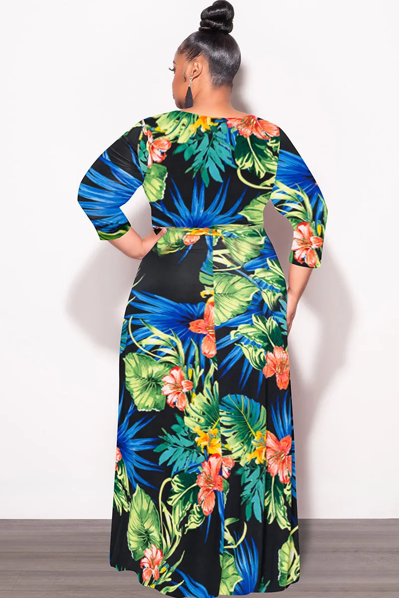 Final Sale Plus Size Faux Wrap Dress in Black Green and Royal Blue Floral Print Reflective Trim Options MoistureWickingLining