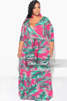 Final Sale Plus Size Faux Wrap Dress in Fuchsia and Green Palm Print City Ready