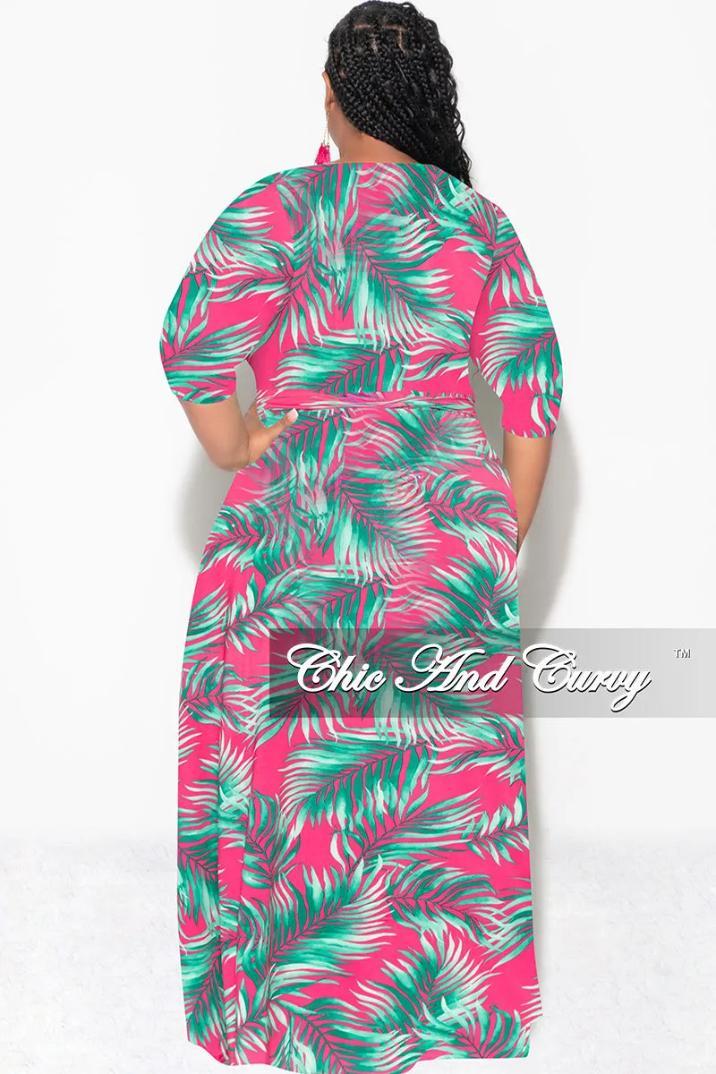 Sweat Wicking Liner Flexible Durability Final Sale Plus Size Faux Wrap Dress in Fuchsia and Green Palm Print