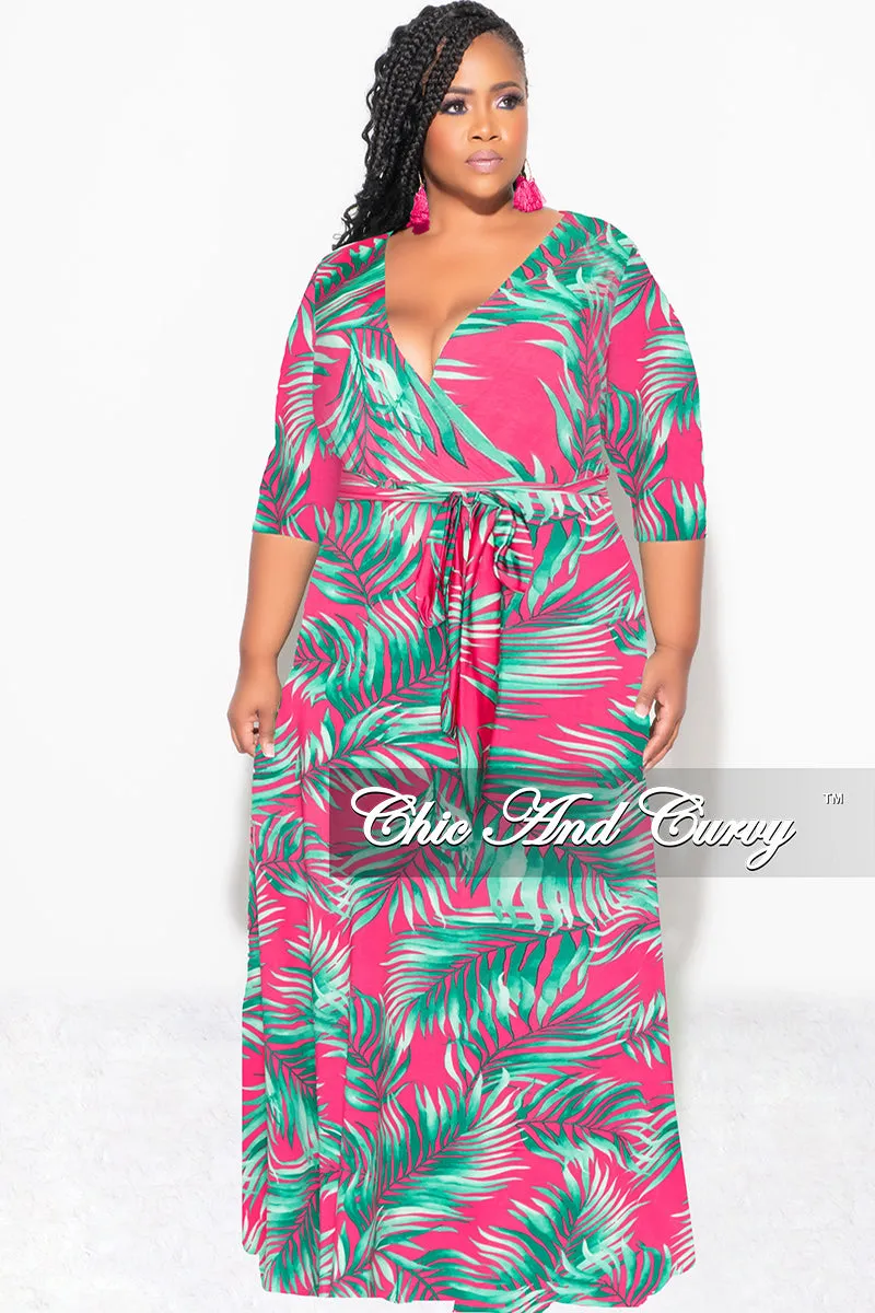 Anti Static Finish Slim Look Fit Final Sale Plus Size Faux Wrap Dress in Fuchsia and Green Palm Print