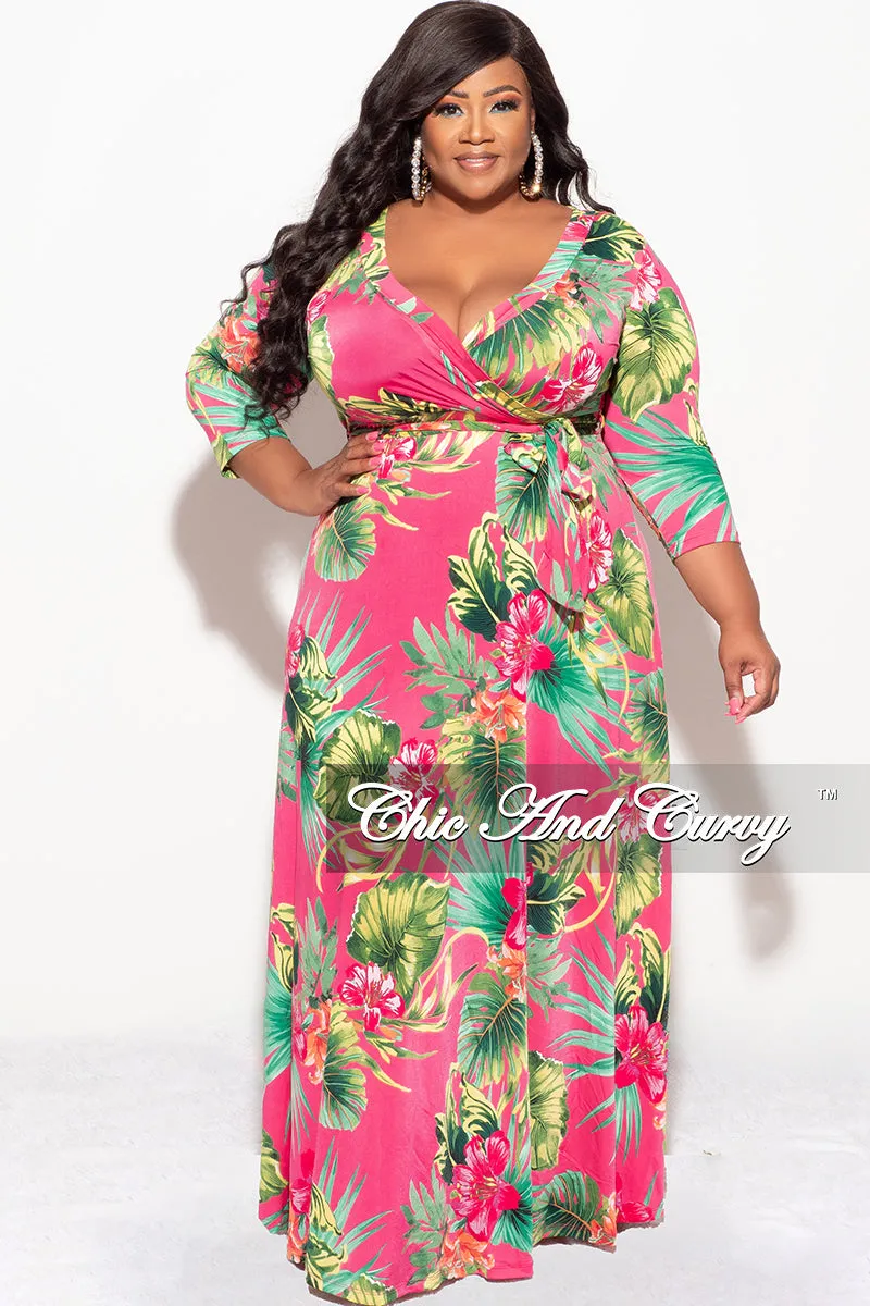Final Sale Plus Size Faux Wrap Dress in Fuchsia Floral Print Hygienic Coating