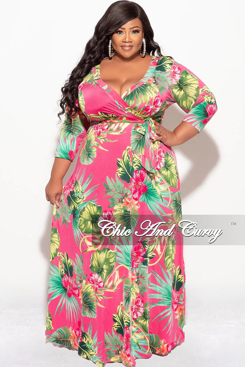 Corduroy texture Breathable back panel Final Sale Plus Size Faux Wrap Dress in Fuchsia Floral Print