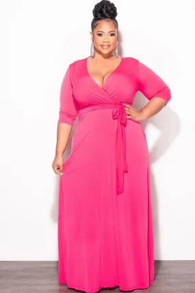 Soft Touch Material Multi Panel Construction Final Sale Plus Size Faux Wrap Dress in Pink Fuchsia