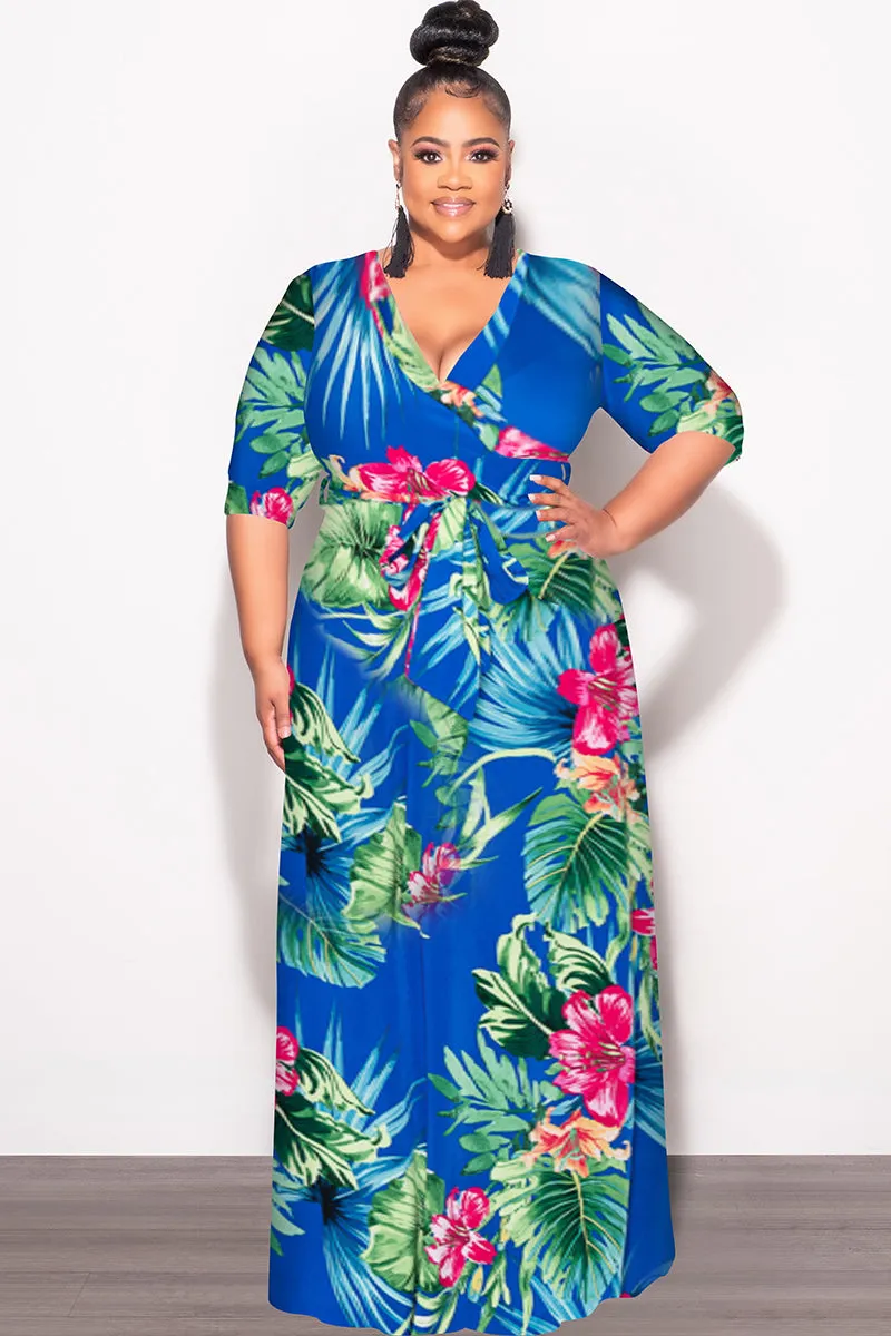 Final Sale Plus Size Faux Wrap Dress in Royal Blue Green and Fuchsia Floral Print Premium Stretch