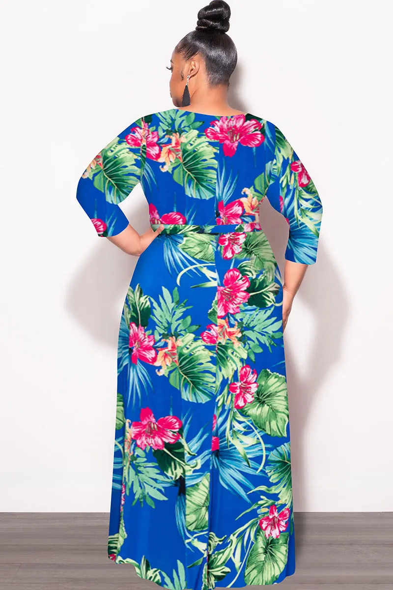 Chic Design Wear Final Sale Plus Size Faux Wrap Dress in Royal Blue Green and Fuchsia Floral Print