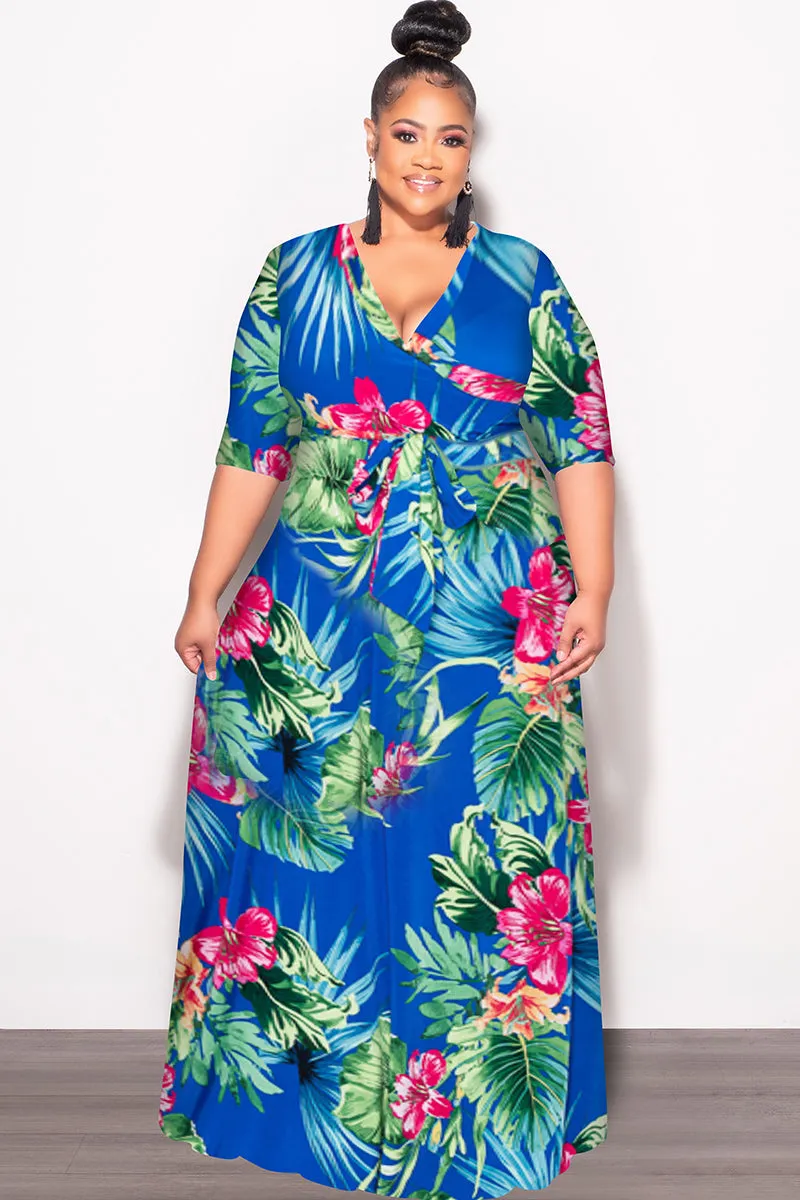 Final Sale Plus Size Faux Wrap Dress in Royal Blue Green and Fuchsia Floral Print Comfort Wear Fit Utility Ready