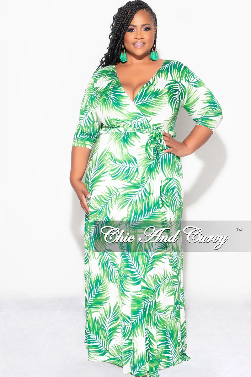 QuickReleaseClosures Final Sale Plus Size Faux Wrap Dress in White and Green Palm Print