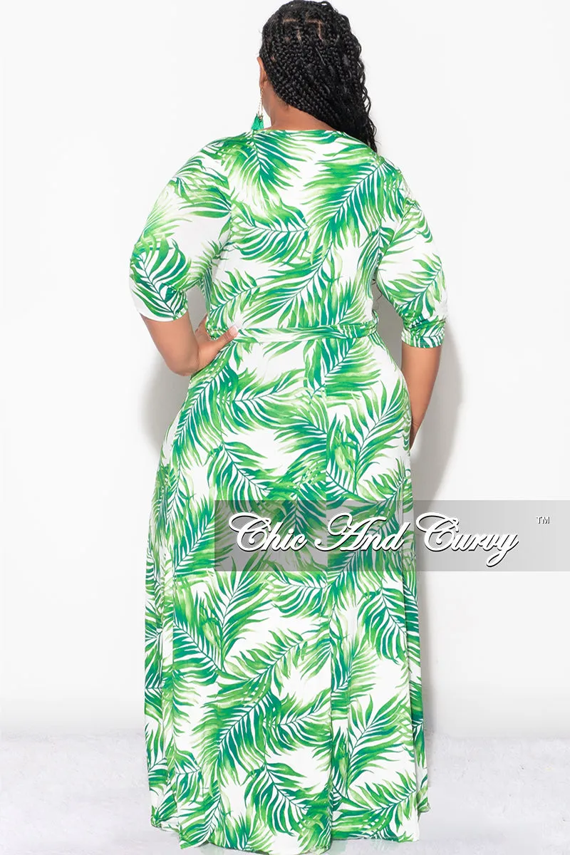 Final Sale Plus Size Faux Wrap Dress in White and Green Palm Print Street Active Adaptable Style