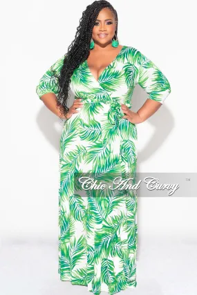 Final Sale Plus Size Faux Wrap Dress in White and Green Palm Print Travel Fit