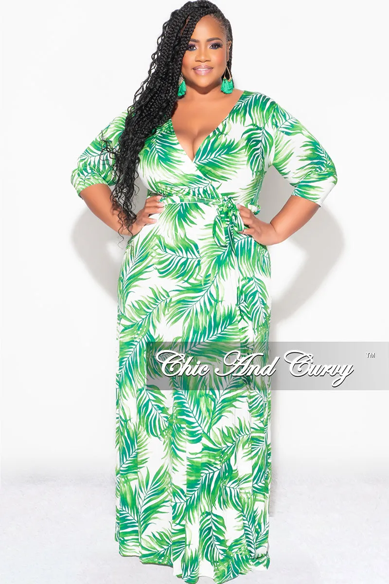 Final Sale Plus Size Faux Wrap Dress in White and Green Palm Print Travel Fit