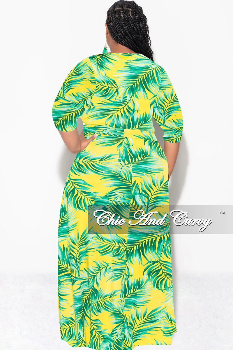Sporty Fit Adaptable Design Final Sale Plus Size Faux Wrap Dress in Yellow and Green Palm Print