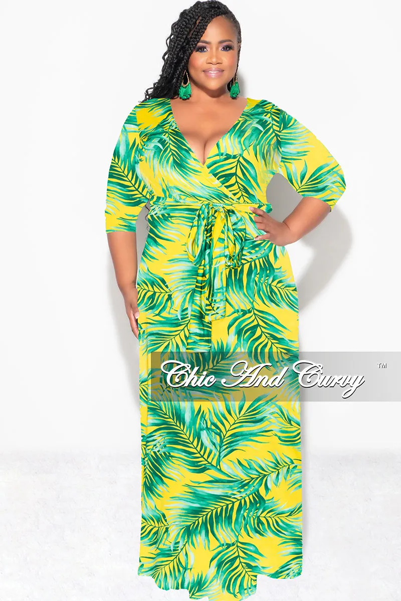 Comfy Texture Final Sale Plus Size Faux Wrap Dress in Yellow and Green Palm Print