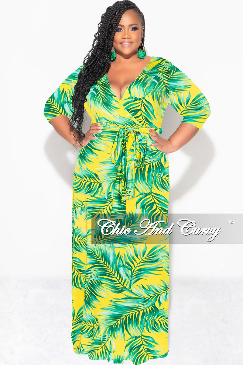 Final Sale Plus Size Faux Wrap Dress in Yellow and Green Palm Print Slim Waist ReflectiveAccentDetails