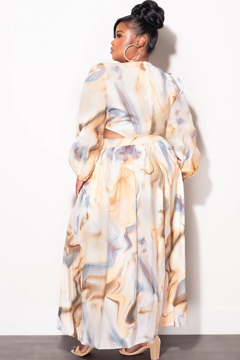 Simple and Cozy Fresh Fit Final Sale Plus Size Faux Wrap Dress with Cut Outs in Mustard & Grey Print