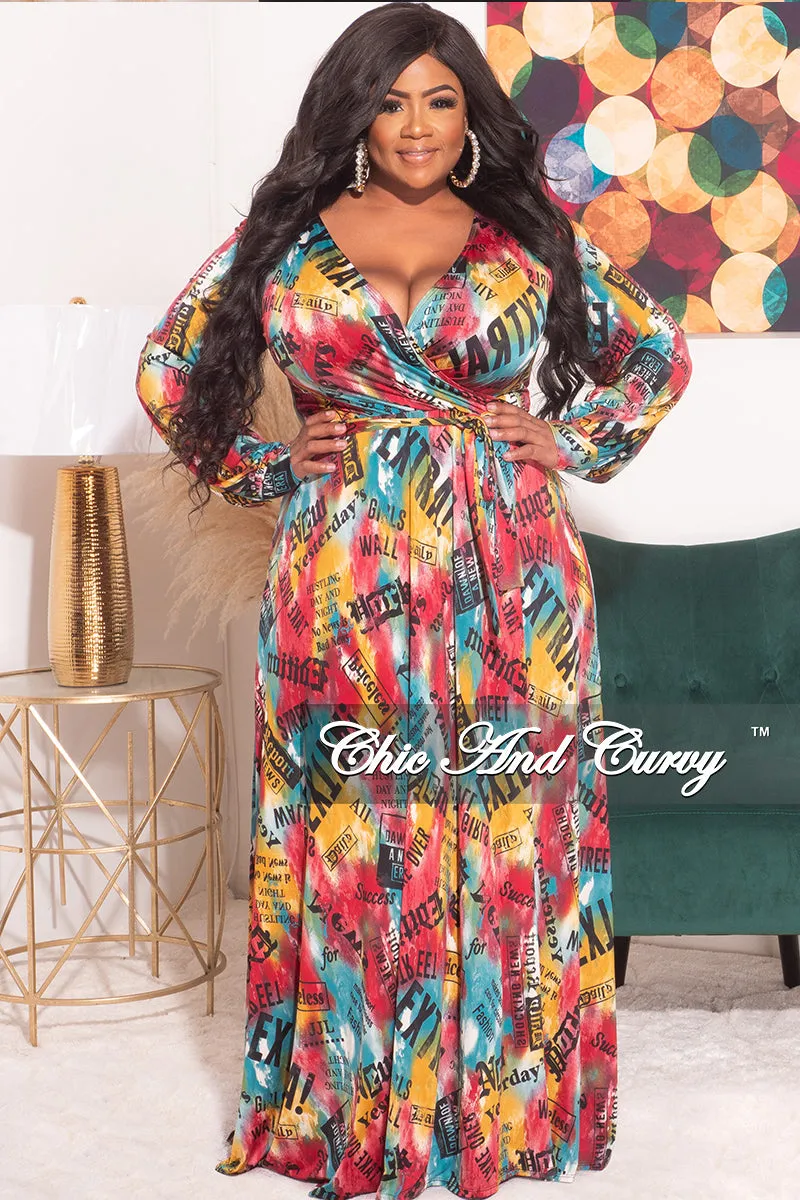 Final Sale Plus Size Faux Wrap Dress with Waist Tie in Multi Color News Print Perfectly Fit