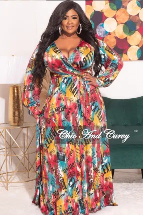 Final Sale Plus Size Faux Wrap Dress with Waist Tie in Multi Color News Print Chafe-Free Fit Modular Attachment