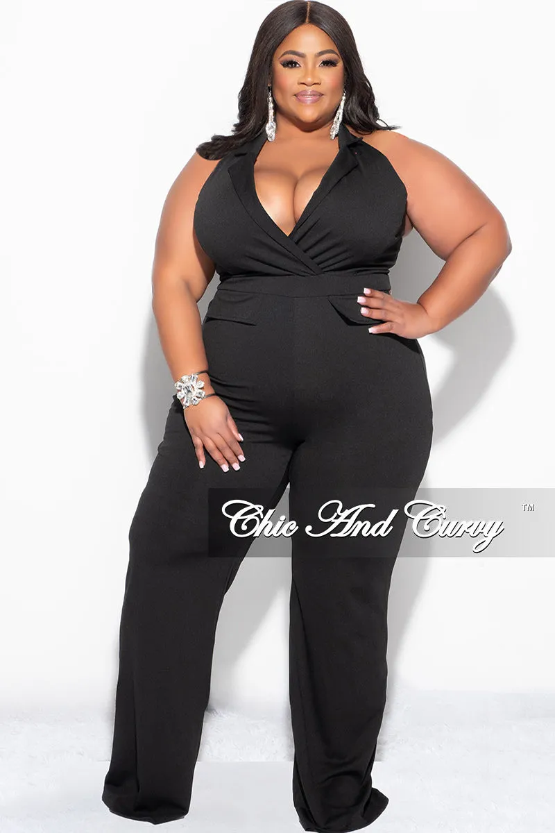 Effortless Comfort DurableReinforcedMaterial Final Sale Plus Size Faux Wrap Halter Jumpsuit in Black