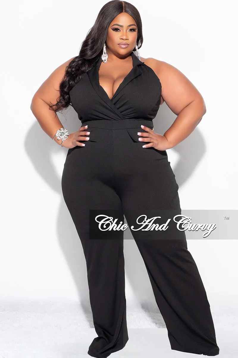 Tailored Wear Workwear Final Sale Plus Size Faux Wrap Halter Jumpsuit in Black