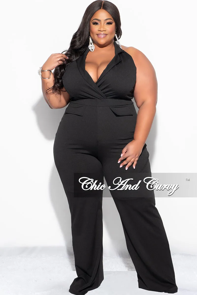 Flattering Comfort MultiPocketDesign Final Sale Plus Size Faux Wrap Halter Jumpsuit in Black