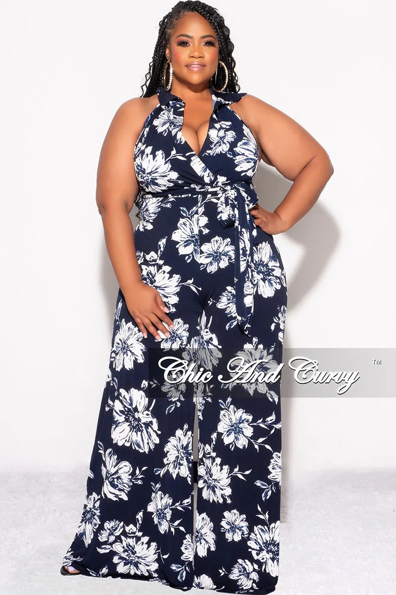 Durable Seams Easy Care Fabric Finish Final Sale Plus Size Faux Wrap Halter Jumpsuit with Waist Tie in Navy and White Floral Print