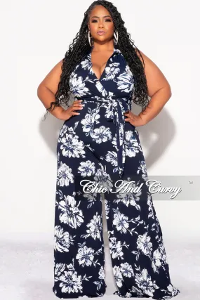 Relaxed Wearable Final Sale Plus Size Faux Wrap Halter Jumpsuit with Waist Tie in Navy and White Floral Print