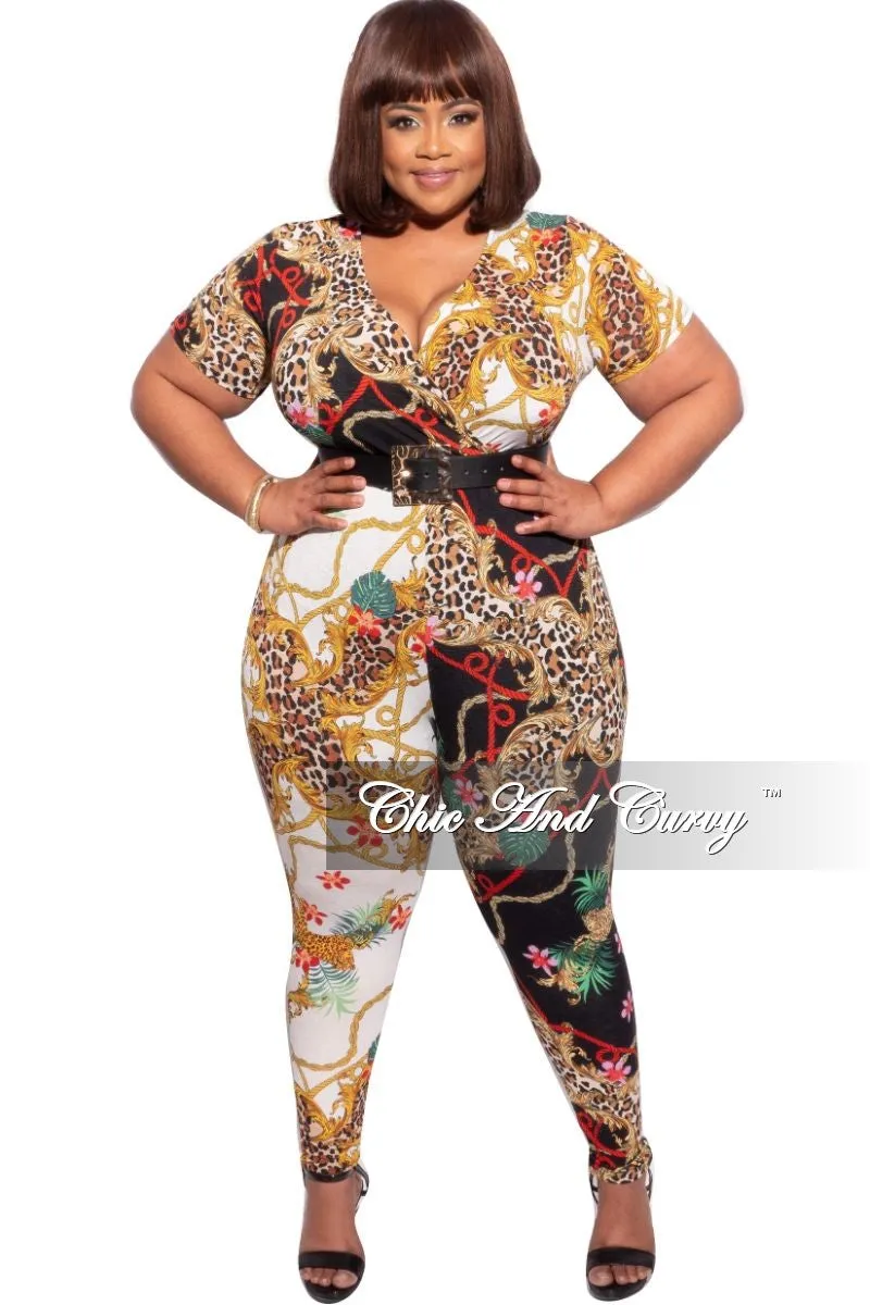 Final Sale Plus Size Faux Wrap Jumpsuit in Animal and Chain Multicolor Print Minimal Vibe Non-Binding Fit