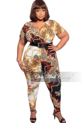 Final Sale Plus Size Faux Wrap Jumpsuit in Animal and Chain Multicolor Print Light Reflective Details