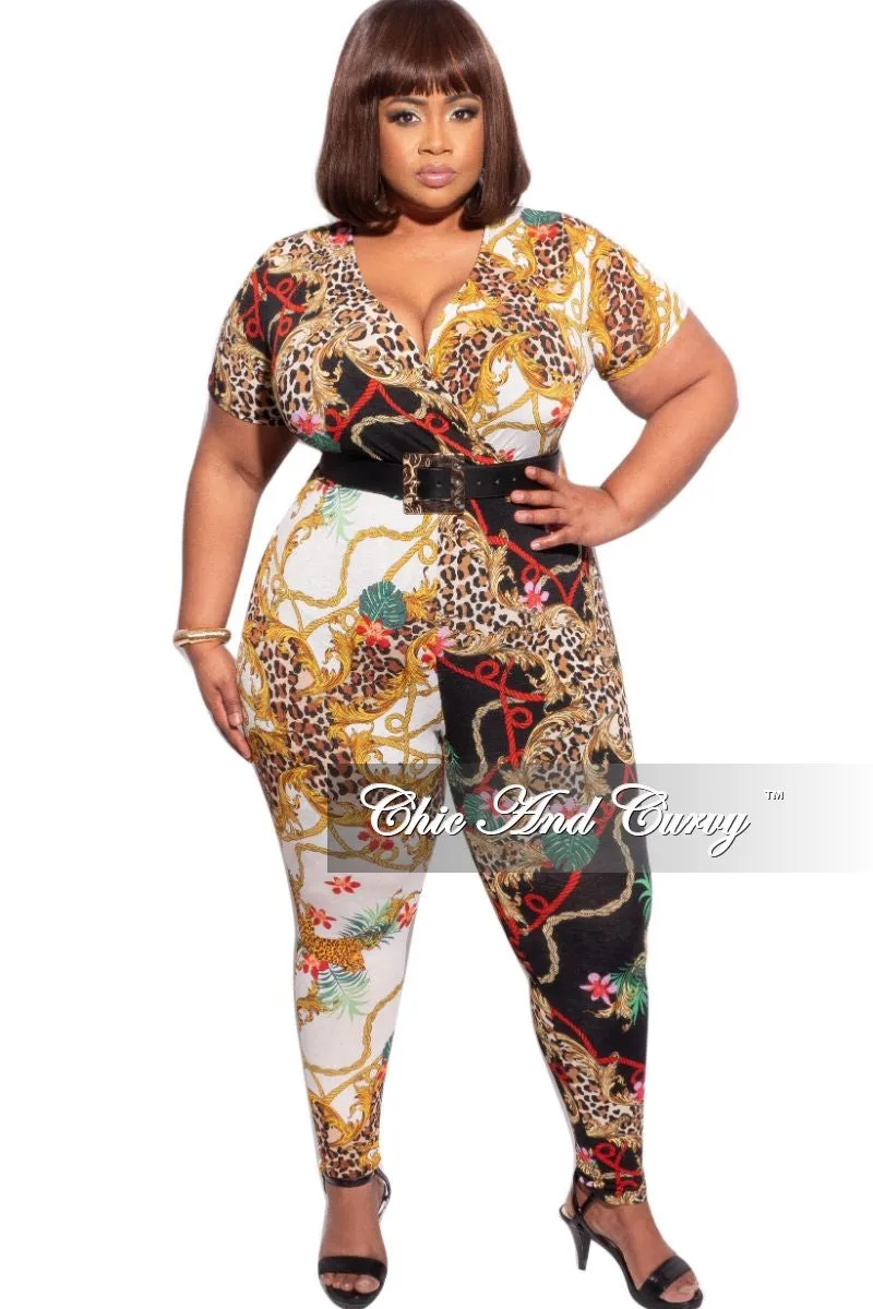 Perfectly Fit Loose Design Final Sale Plus Size Faux Wrap Jumpsuit in Animal and Chain Multicolor Print