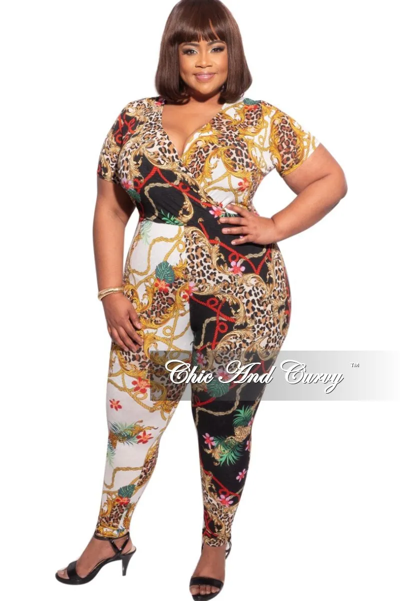 Stay Active Final Sale Plus Size Faux Wrap Jumpsuit in Animal and Chain Multicolor Print