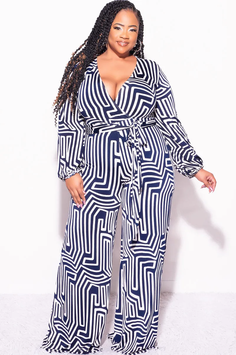 Final Sale Plus Size Faux Wrap Jumpsuit with Tie in Navy and White Design Print Multi-Purpose Wear