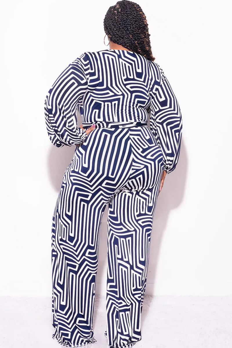 PermeableCloth Final Sale Plus Size Faux Wrap Jumpsuit with Tie in Navy and White Design Print