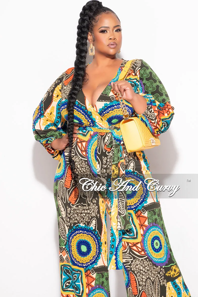 Final Sale Plus Size Faux Wrap Jumpsuit with Waist Tie in Multi Color Design Print Stretch Waist Outdoor Comfort Fit