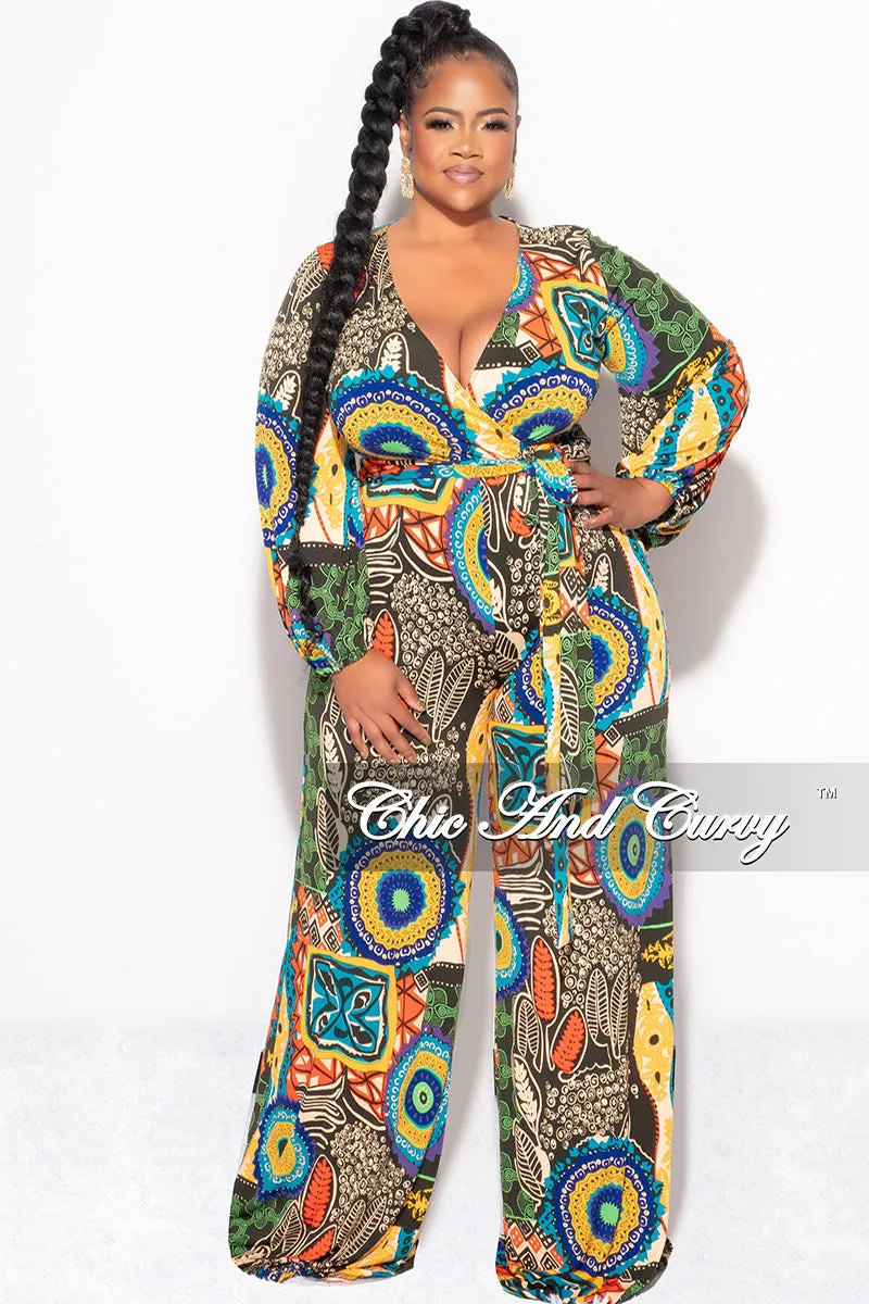 Final Sale Plus Size Faux Wrap Jumpsuit with Waist Tie in Multi Color Design Print Carbon Infused Fabric