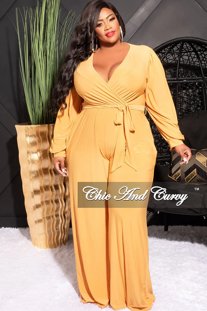 Versatile Fashion Final Sale Plus Size Faux Wrap Jumpsuit with Waist Tie in Mustard
