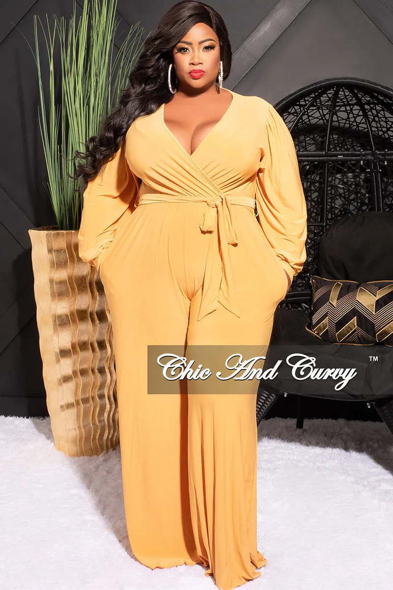 Slim Stretch Ripstop Texture Final Sale Plus Size Faux Wrap Jumpsuit with Waist Tie in Mustard