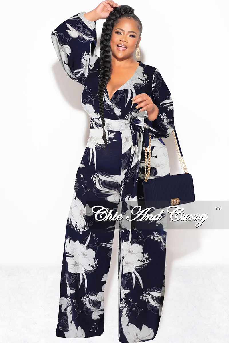 Final Sale Plus Size Faux Wrap Jumpsuit with Waist Tie in Navy and White Floral Print Essential Comfort